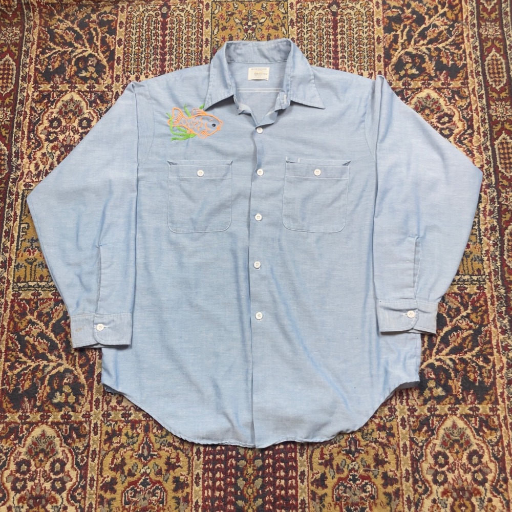 VTG 70s Big Mac JCPenney Blue Chambray Chain Stitch Fish Logo Work Shirt L USA